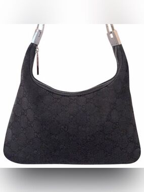 Vintage Gucci Jacquard Black Canvas Monogram Shoulder Bag with Detachable Strap